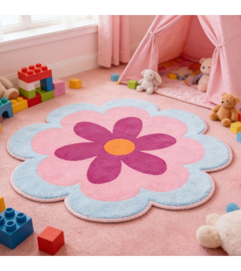 Faux Cashmere 27.56x27.56 Inches Irregular Flower Shaped Bedside Rug Pink Blue Purple Contranst Color Thickened Non Slip Mat Washable Soft Fluffy Home Carpet - Image 1