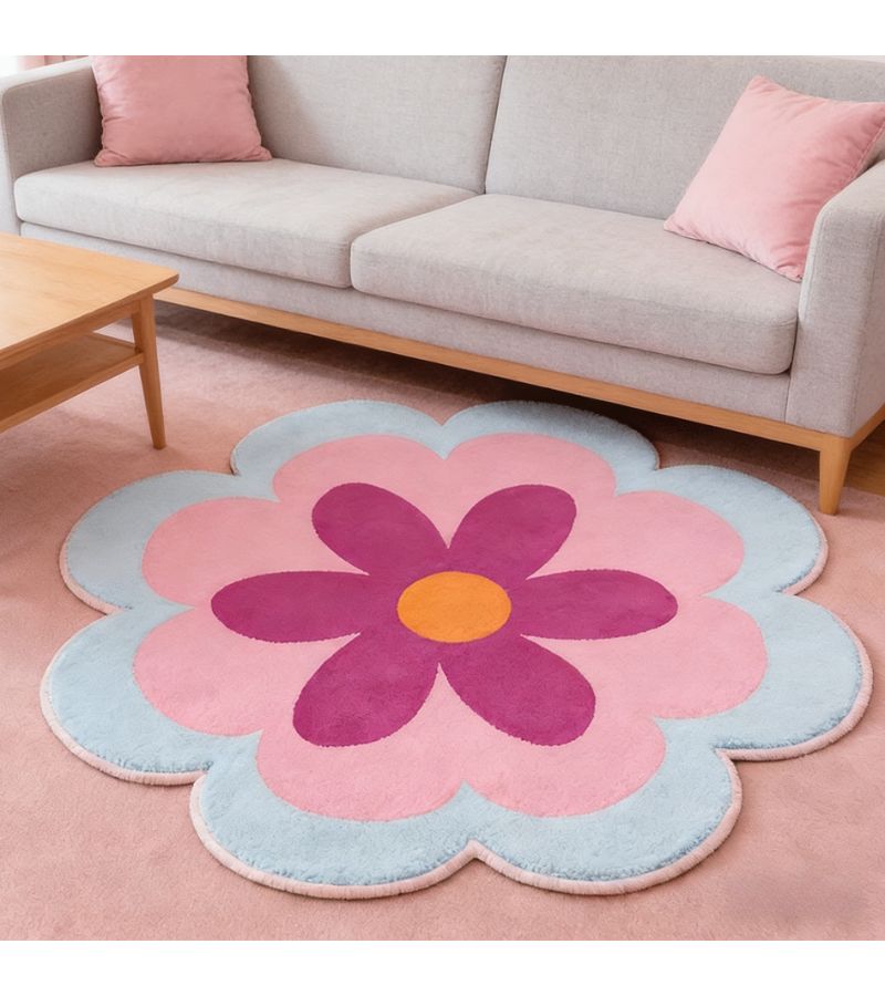Faux Cashmere 27.56x27.56 Inches Irregular Flower Shaped Bedside Rug Pink Blue Purple Contranst Color Thickened Non Slip Mat Washable Soft Fluffy Home Carpet - Image 3