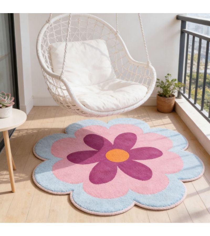 Faux Cashmere 27.56x27.56 Inches Irregular Flower Shaped Bedside Rug Pink Blue Purple Contranst Color Thickened Non Slip Mat Washable Soft Fluffy Home Carpet - Image 2