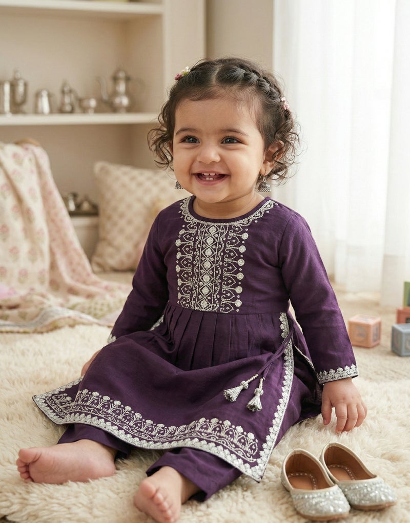Lucky Kids بلوزة كورتا بنمط A-line باللون الأرجواني الداكن مع تطريز فضي وعمل مرآة وسروال مستقيم - Image 3