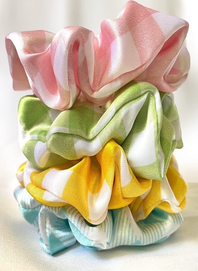 Silvr Bear Fresh Checks Scrunchies | Luxury Satin Printed Scrunchies SAME 4 COLORS AS PIC, Multi-Colour Summer Checks - Image 1