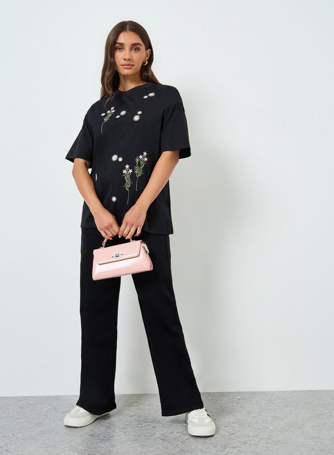 Styli Women Black Embroidered Oversized T-Shirt - Image 2