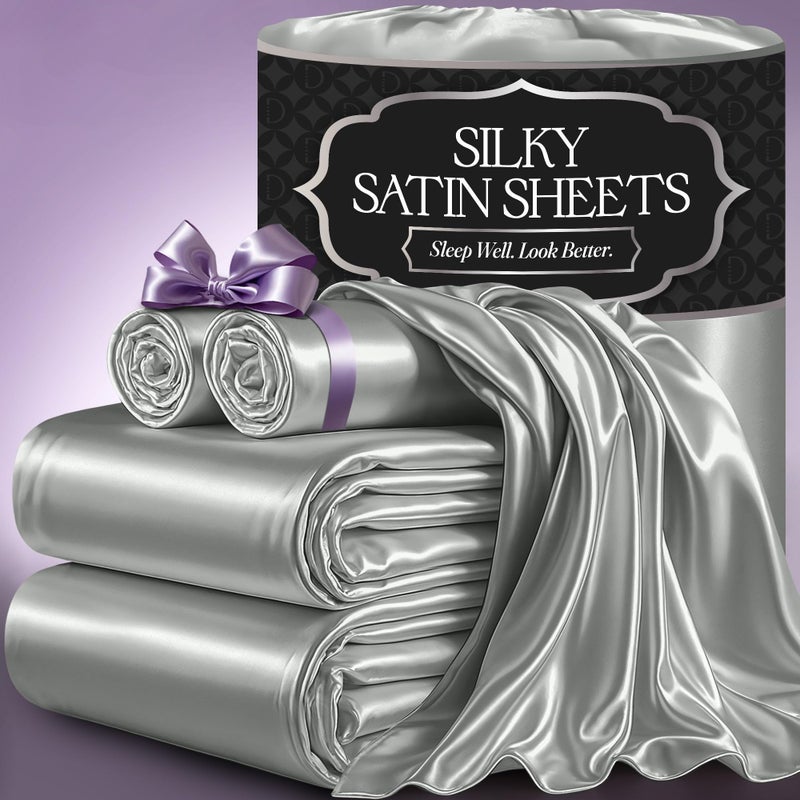 DECOLURE Satin Bed Sheets - 4 Piece Luxury Silky Queen Size Bedding Set - Softer Than Silk, Wrinkle-Free with 15â€ Deep Pocket Fitted Sheet, Perfect for Hair & Skin, Gifts for Women (Grey) - Image 1