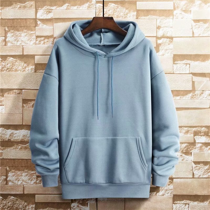 Sweat Mens Hooded Spring and Autumn Ins Student Hong Kong Style Solid Color fleece-lined Thickened Loose plus size Blank Top for Couple Light blue