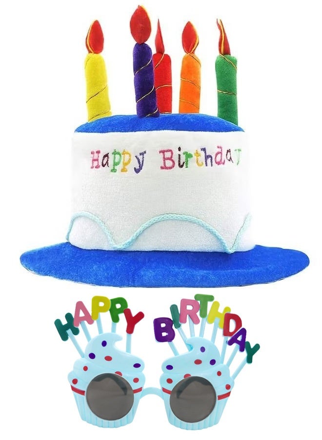 OMEVE Plush Happy Birthday Candles Cake Hat and Birthday glasses , Novelty Letter Embroidery Fancy Dress Party Props Hats, Unisex Birthday Accessories(Blue) - Image 1