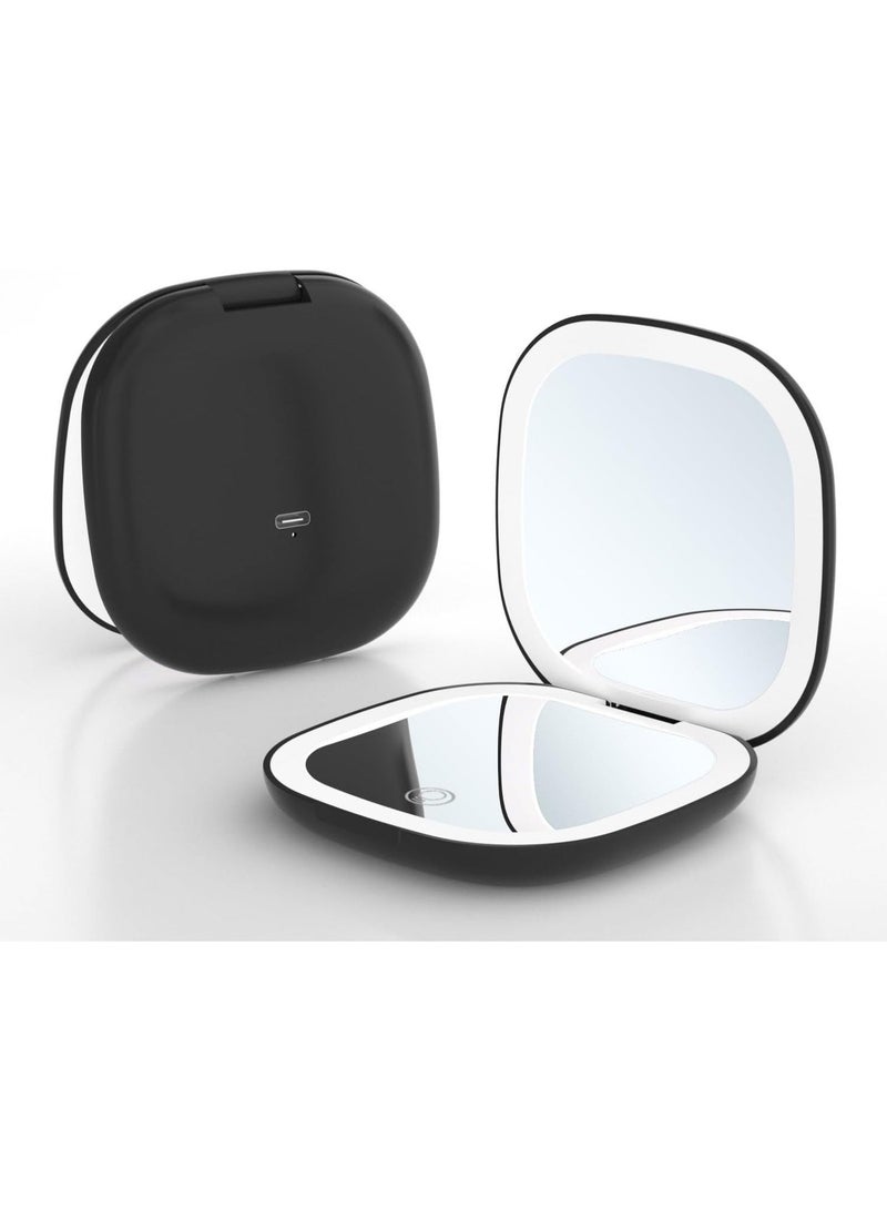 Portable Dual-Sided LED Makeup Mirror with 3 Color Lighting, 360° Rotating 5X Magnification, USB Rechargeable Travel Mirror for Women, Compact Vanity Gift (Black) - Image 1