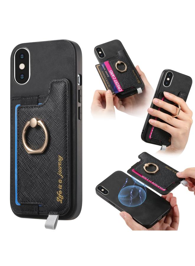 اس-توب جراب هاتف iPhone X / XS Retro Magsafe Cross Leather Ring Holder Card Bag Case - Image 1