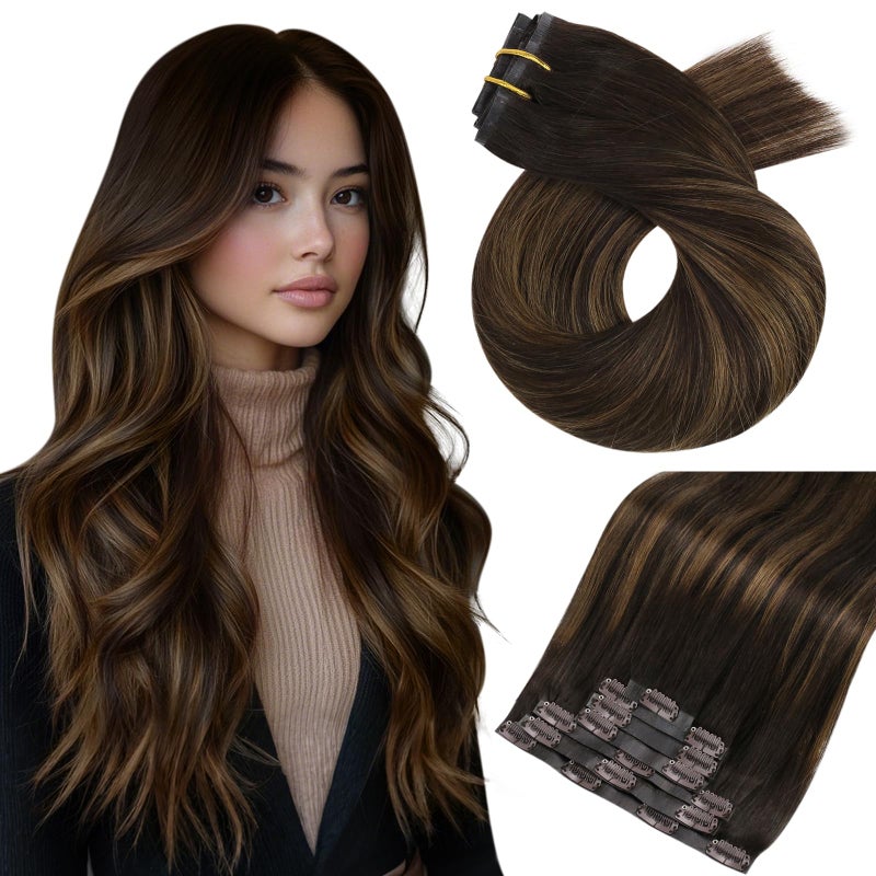 Moresoo Seamless Clip in Hair Extensions Human Hair Balayage Seamless Clip in Human Hair Extensions Ombre Dark Brown with Chestnut Brown 7pcs 120g 18 Inch