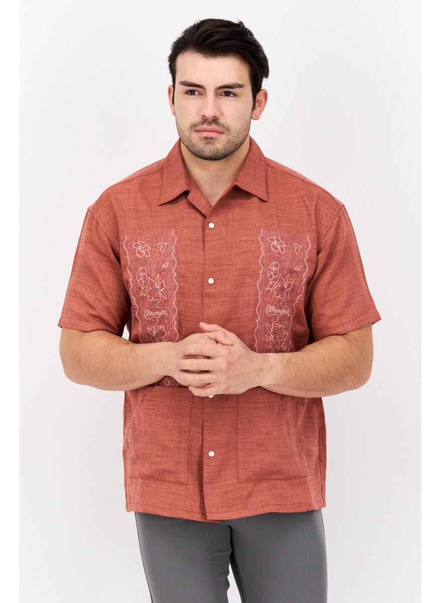 Wrangler Men Regular Fit Embroidered Short Sleeves Casual Shirt, Brown  - Image 1