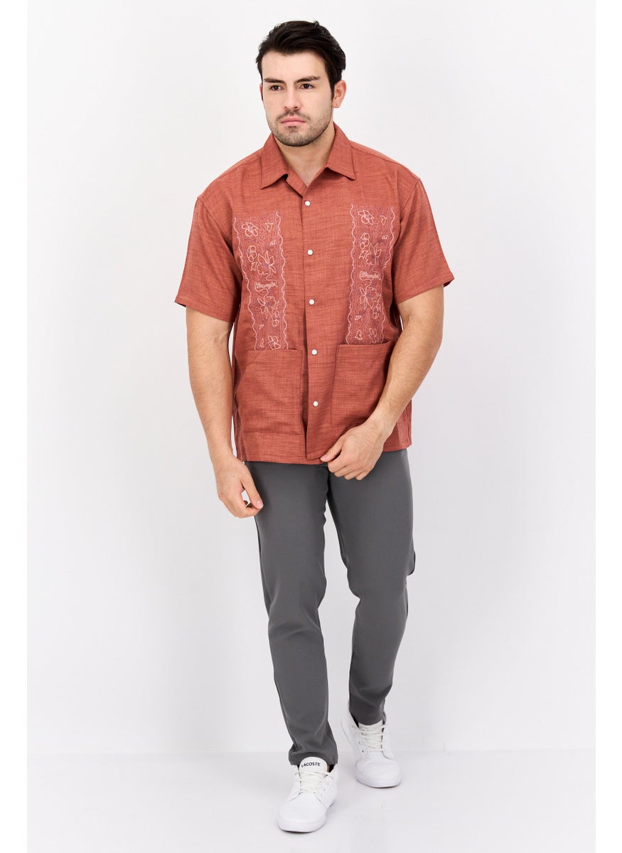 Wrangler Men Regular Fit Embroidered Short Sleeves Casual Shirt, Brown  - Image 4