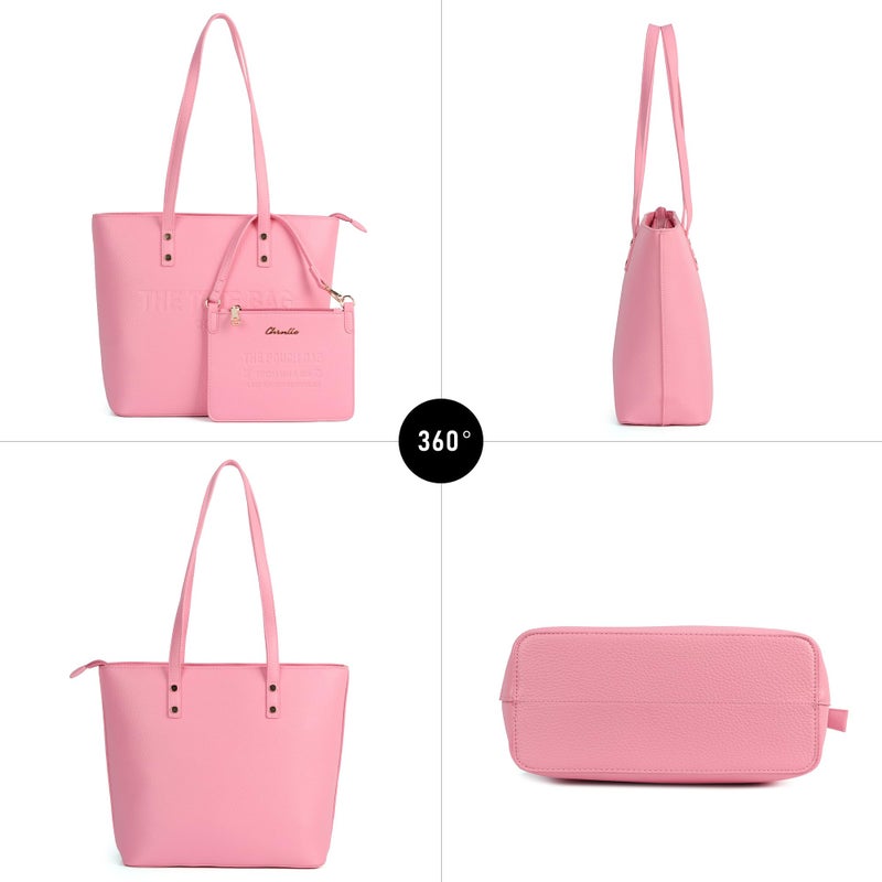 Chinllo Tote Bag for Women, Large Top Handle Handbags Purse Set with Clutch Bag (D.Pink) - Image 5