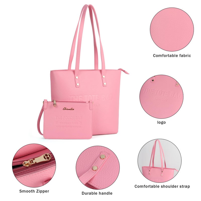Chinllo Tote Bag for Women, Large Top Handle Handbags Purse Set with Clutch Bag (D.Pink) - Image 4