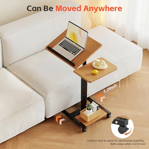 LINGMI Laptop Desk Stand for Bed Portable Desk Overbed Bedside Mobile Laptop Table Rolling Foldable Table Adjustable Height with Locked Wheels & Mouse Pad for Office Sofa (Natural Color) - Image 3