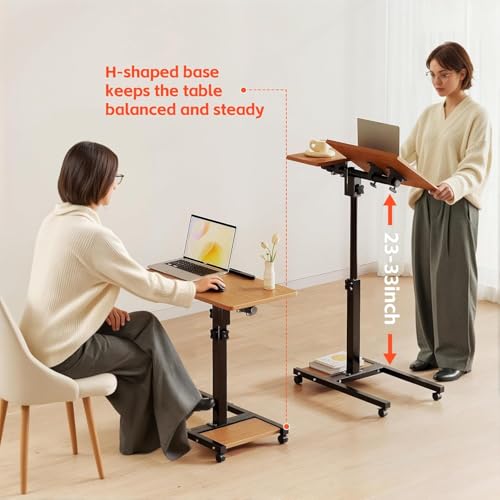 LINGMI Laptop Desk Stand for Bed Portable Desk Overbed Bedside Mobile Laptop Table Rolling Foldable Table Adjustable Height with Locked Wheels & Mouse Pad for Office Sofa (Natural Color) - Image 5
