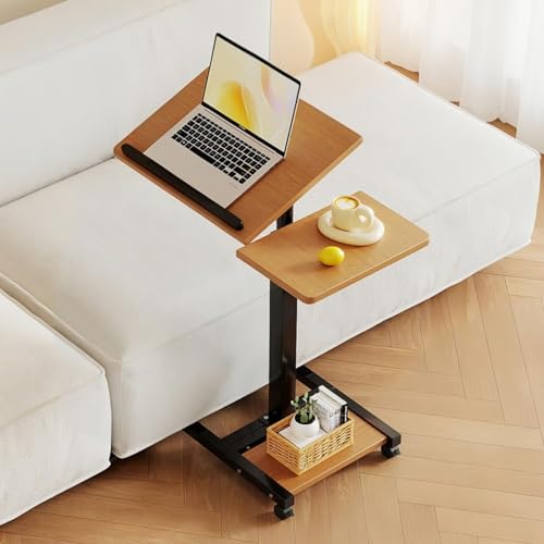 LINGMI Laptop Desk Stand for Bed Portable Desk Overbed Bedside Mobile Laptop Table Rolling Foldable Table Adjustable Height with Locked Wheels & Mouse Pad for Office Sofa (Natural Color) - Image 1