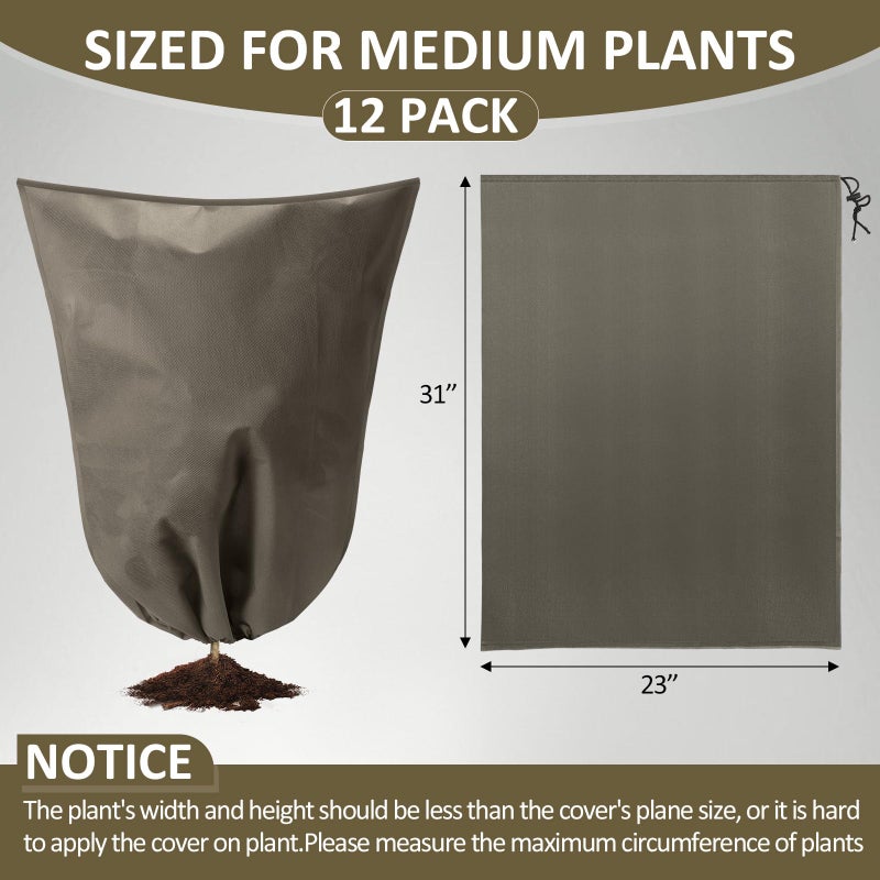Wesnoy 12 Packs Winter Plant Covers Freeze Protection Drawstring Tree Cover 23.62 x 31.5 in Large Reusable Frost Protection for Plants Fruit Tree Shrub, Outdoor Prevention Bag (Brown) - Image 2