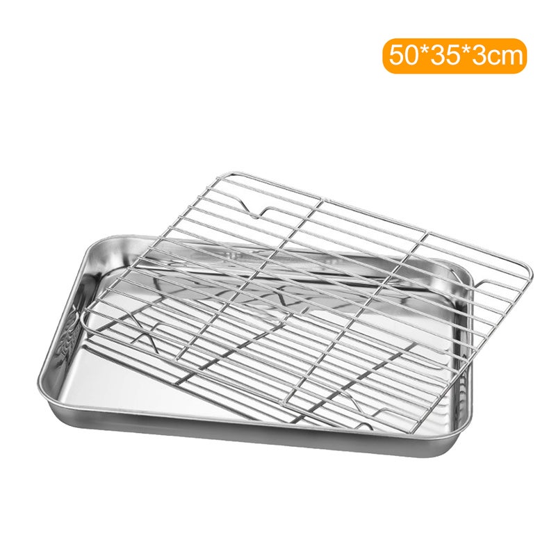 Stainless Steel Flat Bottom Baking Tray with Mesh Set Square Barbecue Plate with Cooling Rack Drip Pan Baking Plate Barbecue Tray Bakeware (50*35*3cm) - Image 1