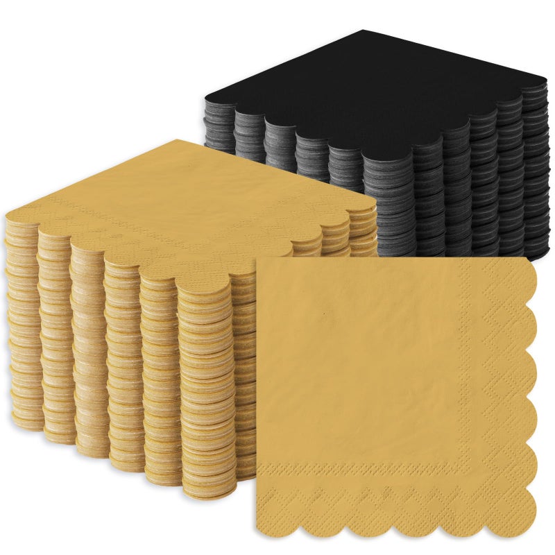 Whaline 120Pcs Black Gold Cocktail Napkin Scalloped Disposable Paper Napkin Drink Beverage Napkin for Home Coffee Bar Graduation Birthday Party Decor Supplies - Image 1
