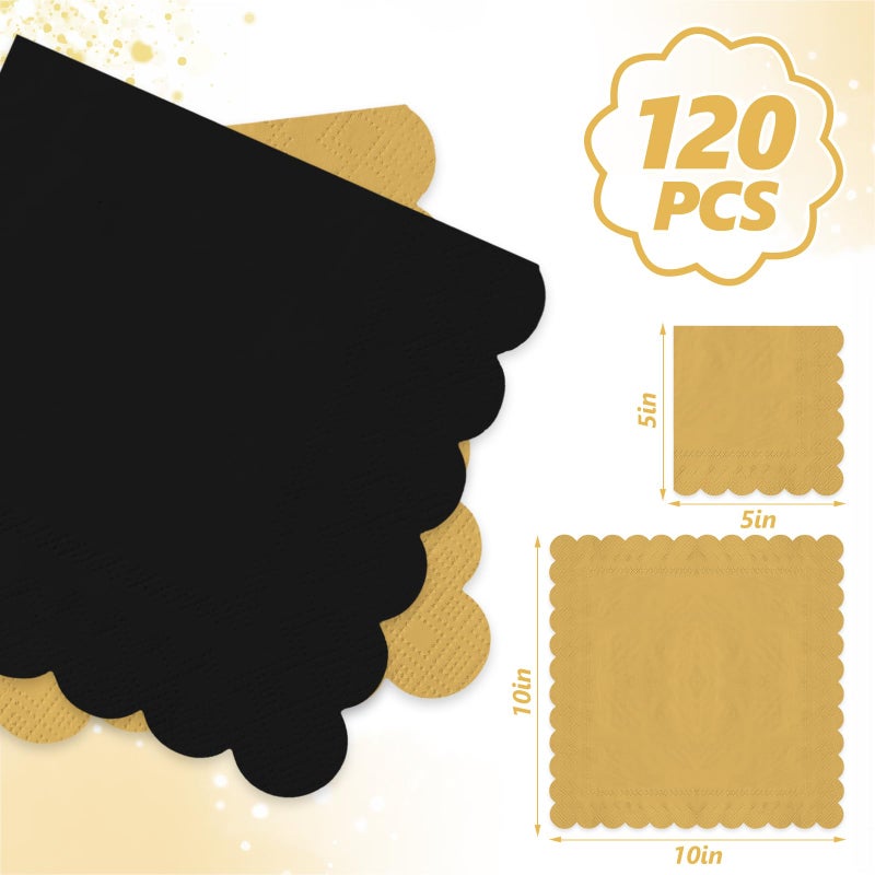 Whaline 120Pcs Black Gold Cocktail Napkin Scalloped Disposable Paper Napkin Drink Beverage Napkin for Home Coffee Bar Graduation Birthday Party Decor Supplies - Image 2