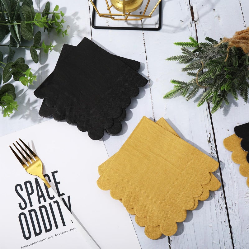 Whaline 120Pcs Black Gold Cocktail Napkin Scalloped Disposable Paper Napkin Drink Beverage Napkin for Home Coffee Bar Graduation Birthday Party Decor Supplies - Image 3