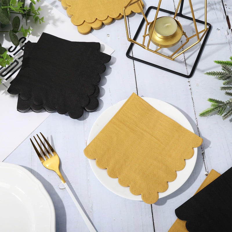 Whaline 120Pcs Black Gold Cocktail Napkin Scalloped Disposable Paper Napkin Drink Beverage Napkin for Home Coffee Bar Graduation Birthday Party Decor Supplies - Image 4