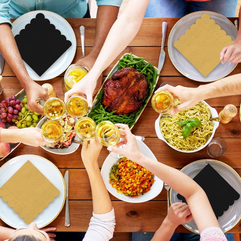 Whaline 120Pcs Black Gold Cocktail Napkin Scalloped Disposable Paper Napkin Drink Beverage Napkin for Home Coffee Bar Graduation Birthday Party Decor Supplies - Image 5