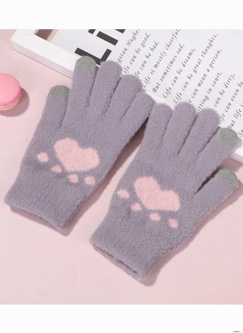 Generic - Women girly heart mobile screen touch fingers winter wool gloves - Image 1