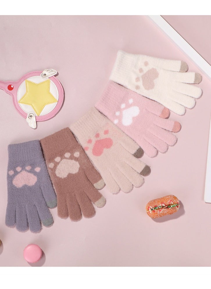 Generic - Women girly heart mobile screen touch fingers winter wool gloves - Image 1