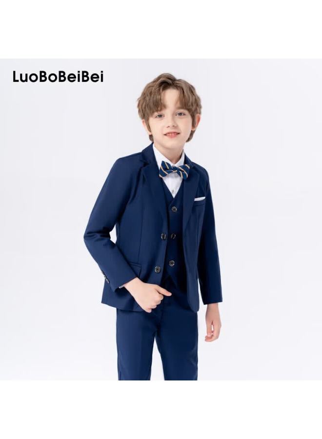 Luobobeibei Children's Suit Autumn Winter Boys Blazer New Year Outfit Formal Set Piano Performance Navy Blue Five-piece Set Size 170 - Image 1