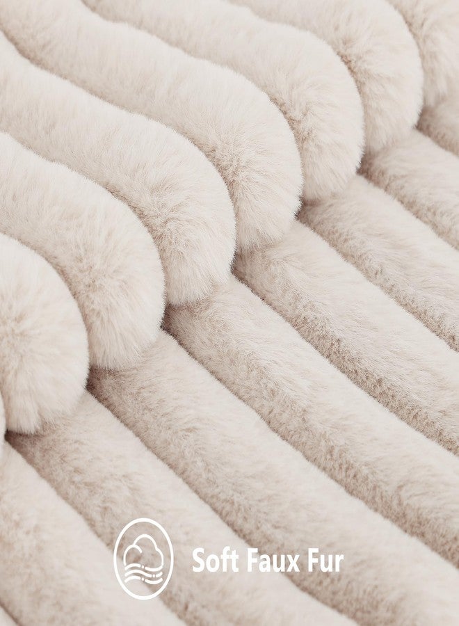 decorUhome Faux Fur Spring Throw Pillow Covers 12x20 Set of 2, Decorative Soft Plush Striped Lumbar Neutral Couch Pillow Covers with Velvet Back for Sofa, Bed, Living Room Home, Beige - Image 2
