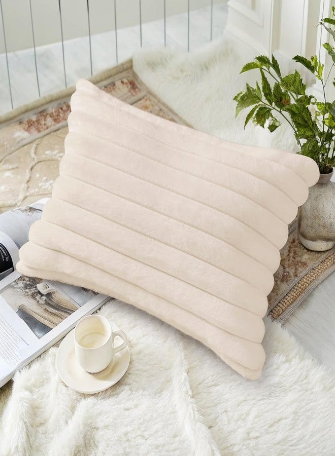 decorUhome Faux Fur Spring Throw Pillow Covers 12x20 Set of 2, Decorative Soft Plush Striped Lumbar Neutral Couch Pillow Covers with Velvet Back for Sofa, Bed, Living Room Home, Beige - Image 4