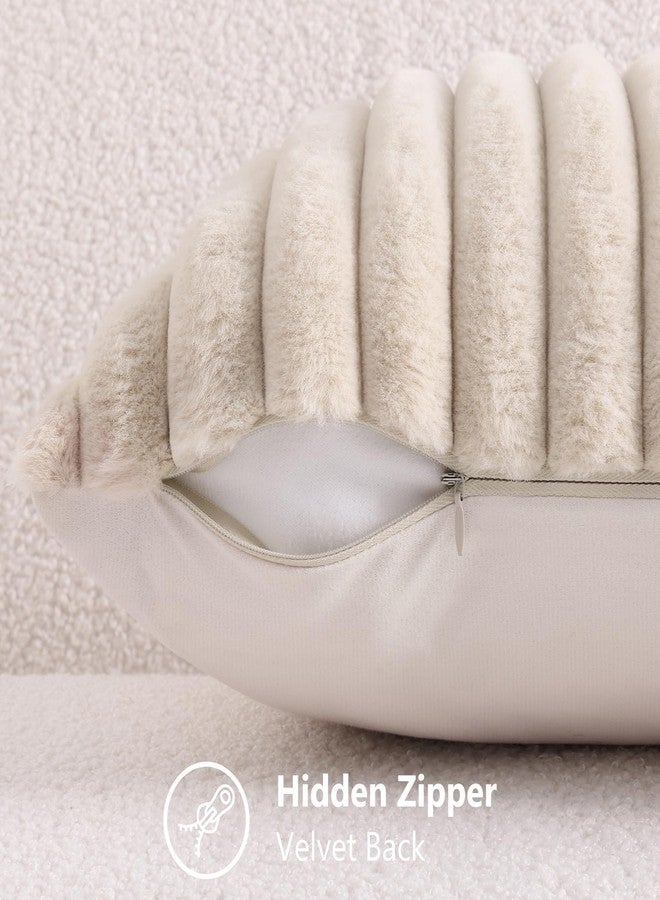 decorUhome Faux Fur Spring Throw Pillow Covers 12x20 Set of 2, Decorative Soft Plush Striped Lumbar Neutral Couch Pillow Covers with Velvet Back for Sofa, Bed, Living Room Home, Beige - Image 3