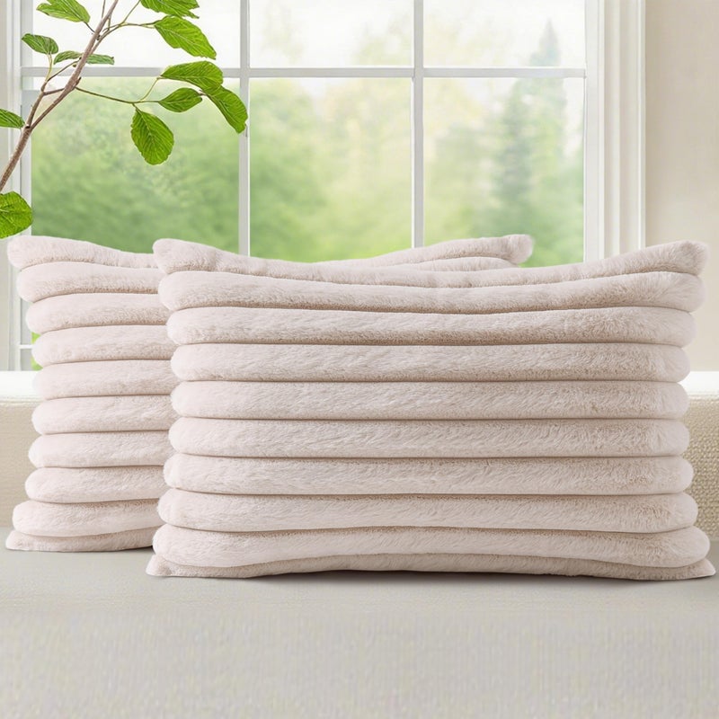 decorUhome Faux Fur Spring Throw Pillow Covers 12x20 Set of 2, Decorative Soft Plush Striped Lumbar Neutral Couch Pillow Covers with Velvet Back for Sofa, Bed, Living Room Home, Beige - Image 1