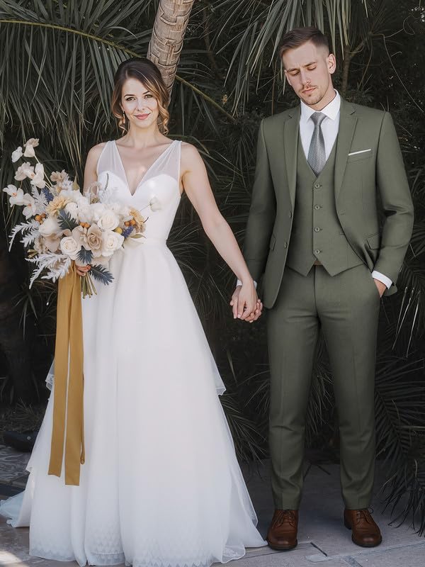 WEEN CHARM Men's Suits Slim Fit,3 Piece Suit for Men,2 Button Blazer Jacket Vest Pants with Tie,Men Tuxedo Suit Set Olive Green - Image 3