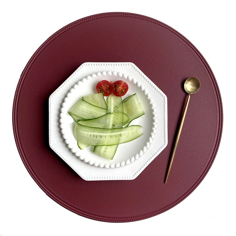 Imitation leather flower placemat waterproof oil-proof Western tableware mat Christmas red green decorative insulation mat round embossed plate mat Pressed edge imitation leather round wine red