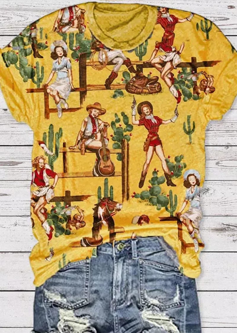 MHTOR Western Cactus Horse T-Shirt Cactus Shirts for Women Desert Horse Graphic Tee Casual Cowgirl Vintage Short Sleeve Tops(Medium,Yellow) - Image 2