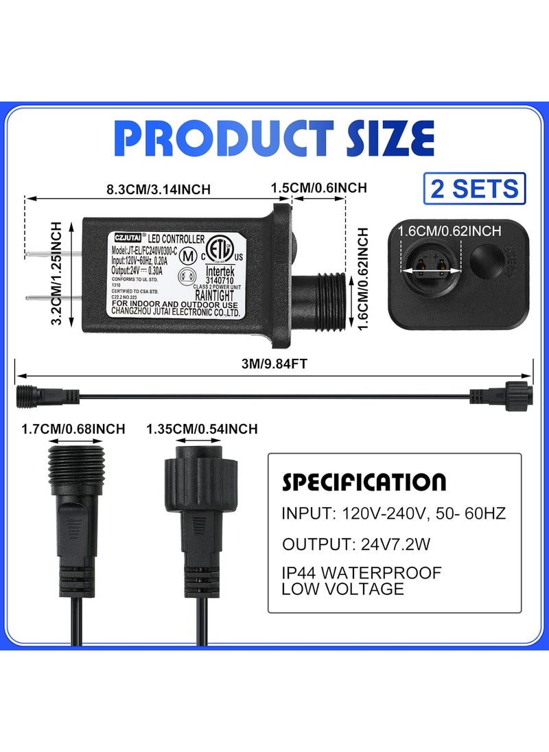 Moukeren 2 Pcs Class 2 Power Supply with 2 Extension Cord LED Transformer Replacement for Christmas String Lights LED Controller IP44 Waterproof Low Voltage Transformer 24v72w 8 Modes  - Image 2