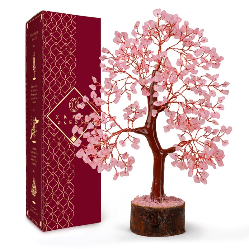 KARMAPLEDGE Rose Quartz Crystal Tree of Life for Women Office Decor Good Luck Money Meditation Positivity Handmade Healing Crystal Stones Bonsai Tree Spiritual Birthday Gifts for Women