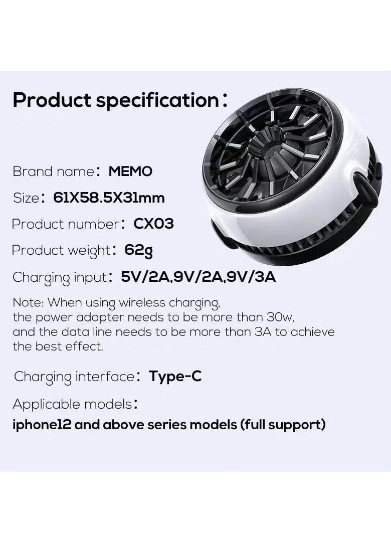 Memo CX03 Cell Phone Semiconductor Magnetic Cooling Fan Radiator – Wireless Charging Function, Game Cooler for PUBG, IOS & Android Smartphones – Efficient Heat Dissipation for Gaming, Portable Design  - Image 3