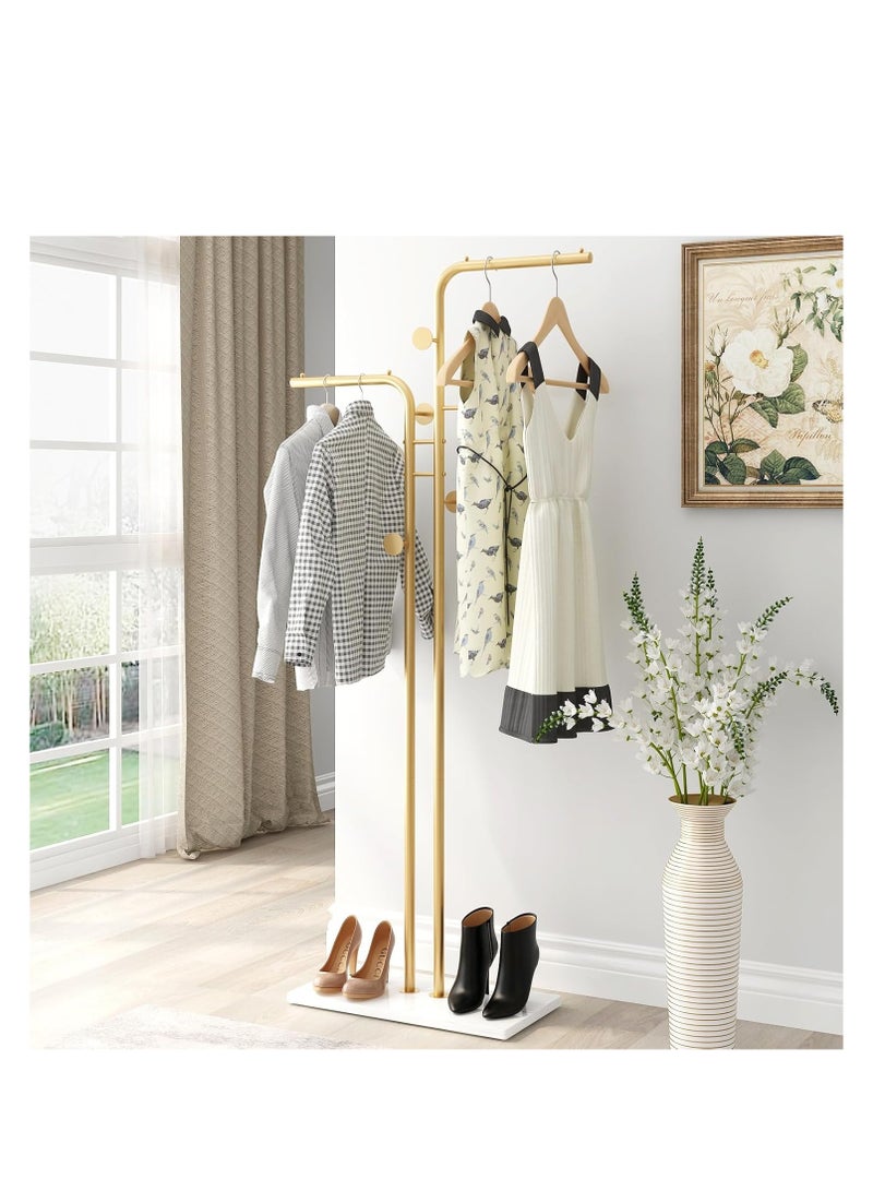 Y&D Double-pole Metal Coat Rack, Gold Coat Rack Freestanding with 5 Hooks and Marble Base, Gold Clothing Rack, Modern Coat Hanger Stand for Entryway, Living Room, Bedroom - Image 1