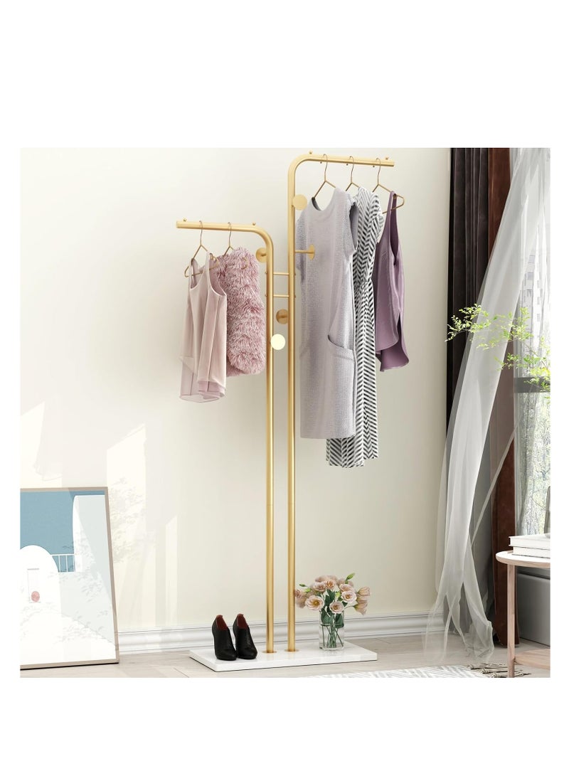 Y&D Double-pole Metal Coat Rack, Gold Coat Rack Freestanding with 5 Hooks and Marble Base, Gold Clothing Rack, Modern Coat Hanger Stand for Entryway, Living Room, Bedroom - Image 2