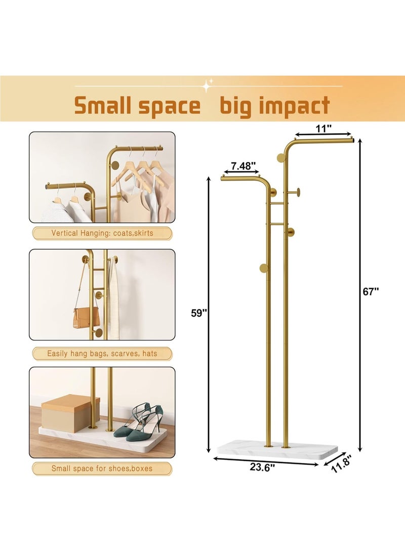 Y&D Double-pole Metal Coat Rack, Gold Coat Rack Freestanding with 5 Hooks and Marble Base, Gold Clothing Rack, Modern Coat Hanger Stand for Entryway, Living Room, Bedroom - Image 4