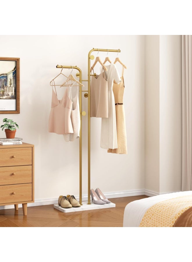Y&D Double-pole Metal Coat Rack, Gold Coat Rack Freestanding with 5 Hooks and Marble Base, Gold Clothing Rack, Modern Coat Hanger Stand for Entryway, Living Room, Bedroom - Image 1