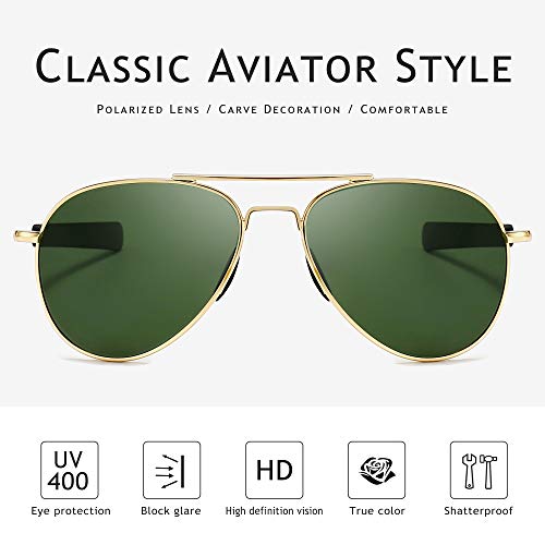 SUNGAIT Aviator Sunglasses for Men Polarized Military Style 100% UV400 Protection Pilot Bayonet Temples (Gold Frame/Green Lens, 58) SGT288JML - Image 3
