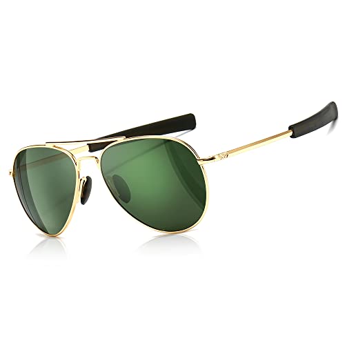 SUNGAIT Aviator Sunglasses for Men Polarized Military Style 100% UV400 Protection Pilot Bayonet Temples (Gold Frame/Green Lens, 58) SGT288JML - Image 1