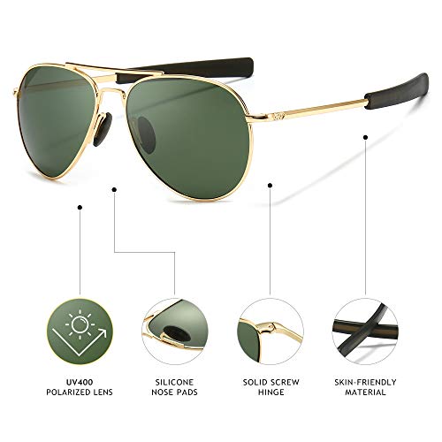 SUNGAIT Aviator Sunglasses for Men Polarized Military Style 100% UV400 Protection Pilot Bayonet Temples (Gold Frame/Green Lens, 58) SGT288JML - Image 4