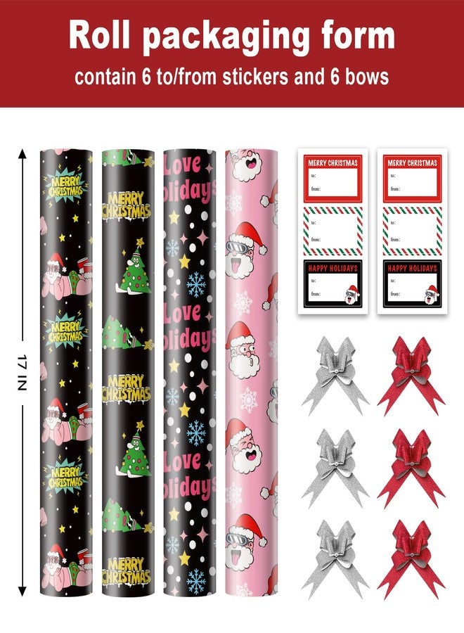 EWES Funny Christmas Wrapping Paper 4 Rolls Set,Black Pink Thick Unique Fun Kids Heavy Duty Premium Jumbo Gift Wrap Sheets,Cute Cartoon with Santa Claus,Reversible,Total 55.54sq.ft - Image 2