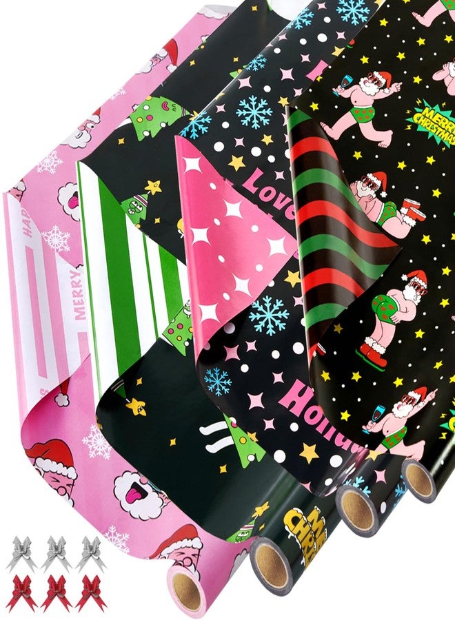 EWES Funny Christmas Wrapping Paper 4 Rolls Set,Black Pink Thick Unique Fun Kids Heavy Duty Premium Jumbo Gift Wrap Sheets,Cute Cartoon with Santa Claus,Reversible,Total 55.54sq.ft - Image 1