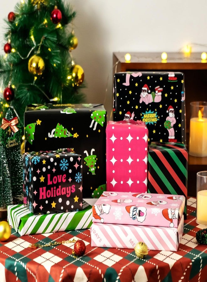 EWES Funny Christmas Wrapping Paper 4 Rolls Set,Black Pink Thick Unique Fun Kids Heavy Duty Premium Jumbo Gift Wrap Sheets,Cute Cartoon with Santa Claus,Reversible,Total 55.54sq.ft - Image 3