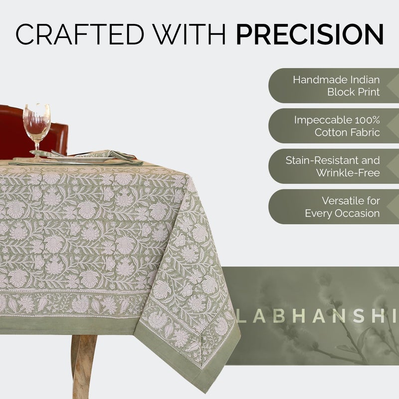 Labhanshi Indian Handblock Print Pre-Washed Cotton Floral 60x90 Inch Rectangle 6-Seater TableCloth|Rustic Farmhouse Decorative Party Event Wedding Banquet Thanksgiving Festive holiday Decor|Sage Green - Image 4